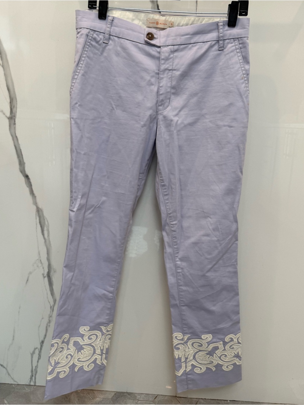 Tory Burch Light Blue Pants with Cream Logo Trim and Embroidery